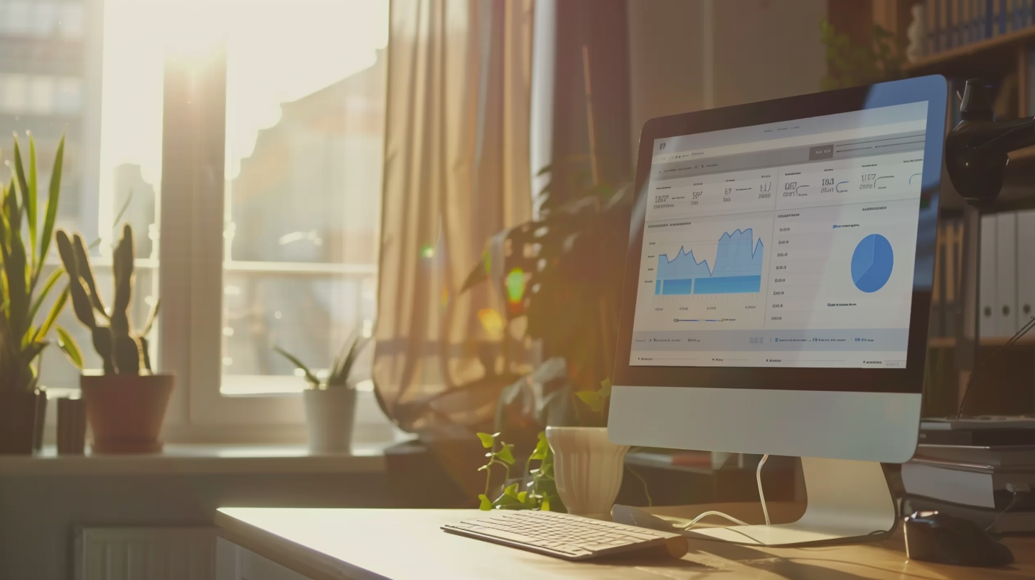 A peaceful office with digital dashboard on screen