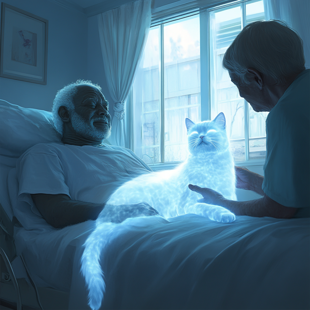 A peaceful old man and a glowing cat.