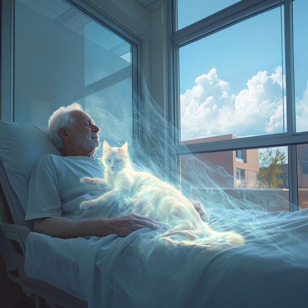 A peaceful old man and ghost cat in bed