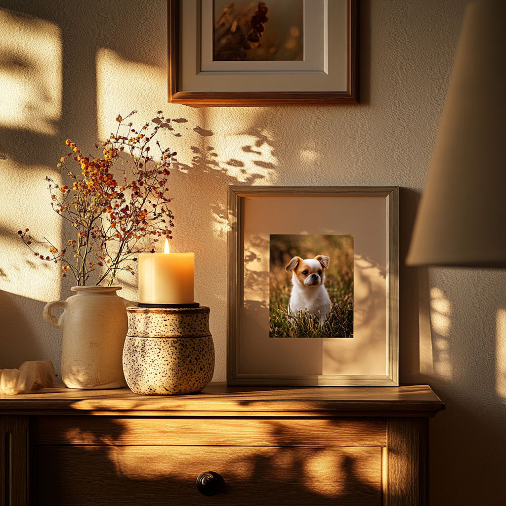 A peaceful pet altar with framed picture