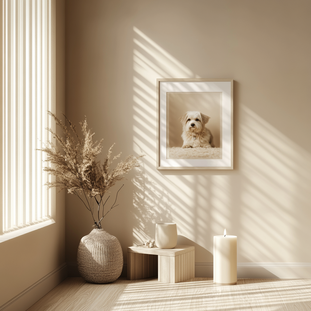 A peaceful pet altar with urn and candle