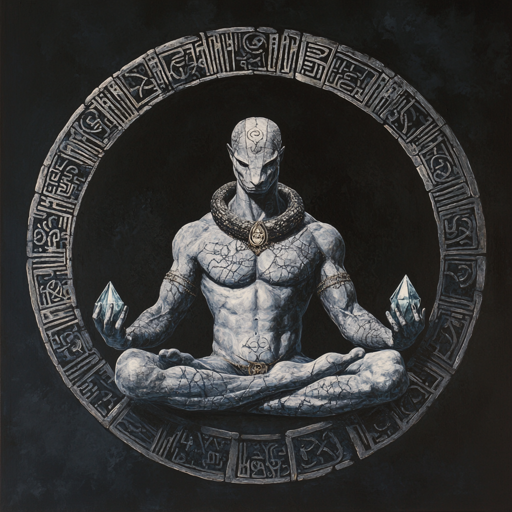 A peaceful snake-man in a circle with crystals.