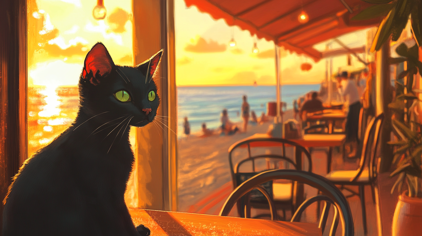 A peaceful sunset beachside café with Alto the cat.