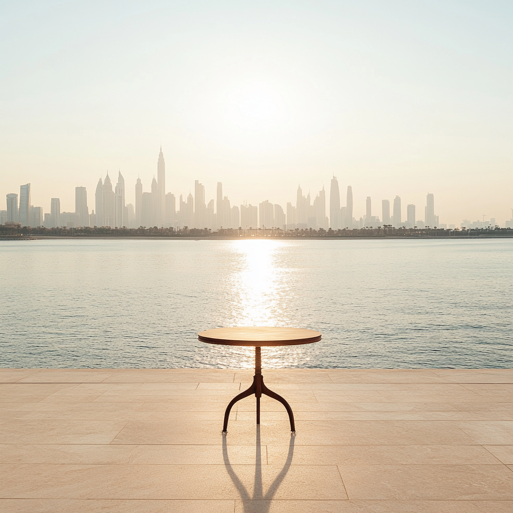 A peaceful table by Dubai's skyline awaits customers.