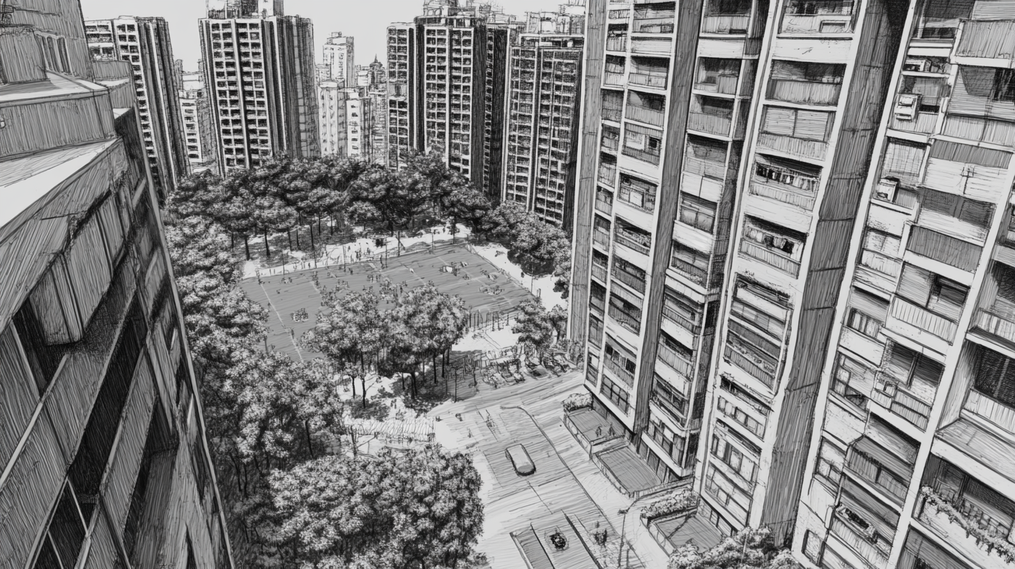 A pencil drawing of a busy city block