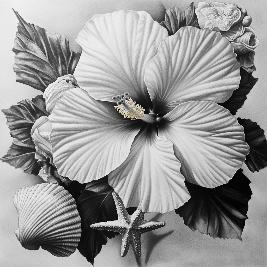 A pencil drawing of hibicus flower with sea creatures