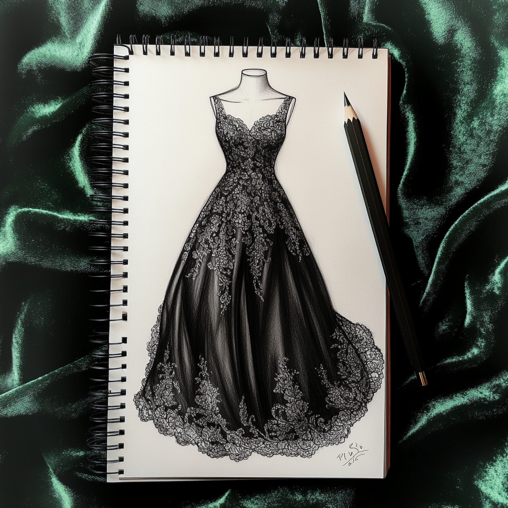 A pencil sketch of an elegant black dress