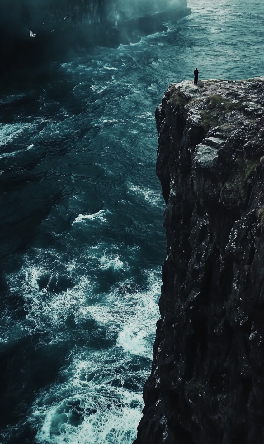 A person's POV looking down a stormy cliff