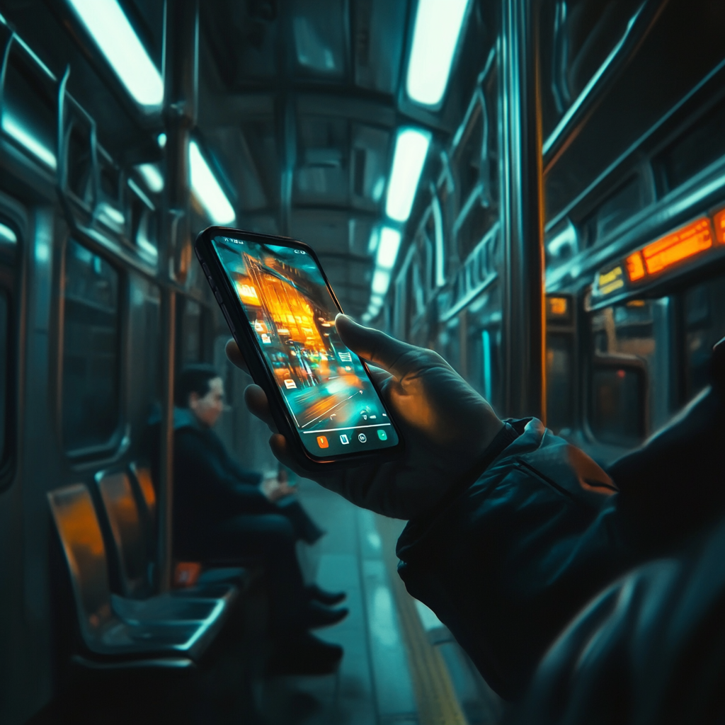 A person holds phone in subway station painting.