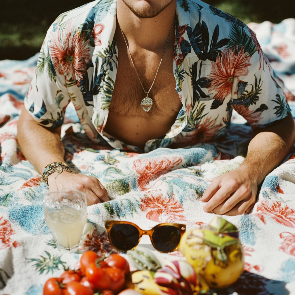 A person in Hawaiian shirt sets sunglasses, towel.