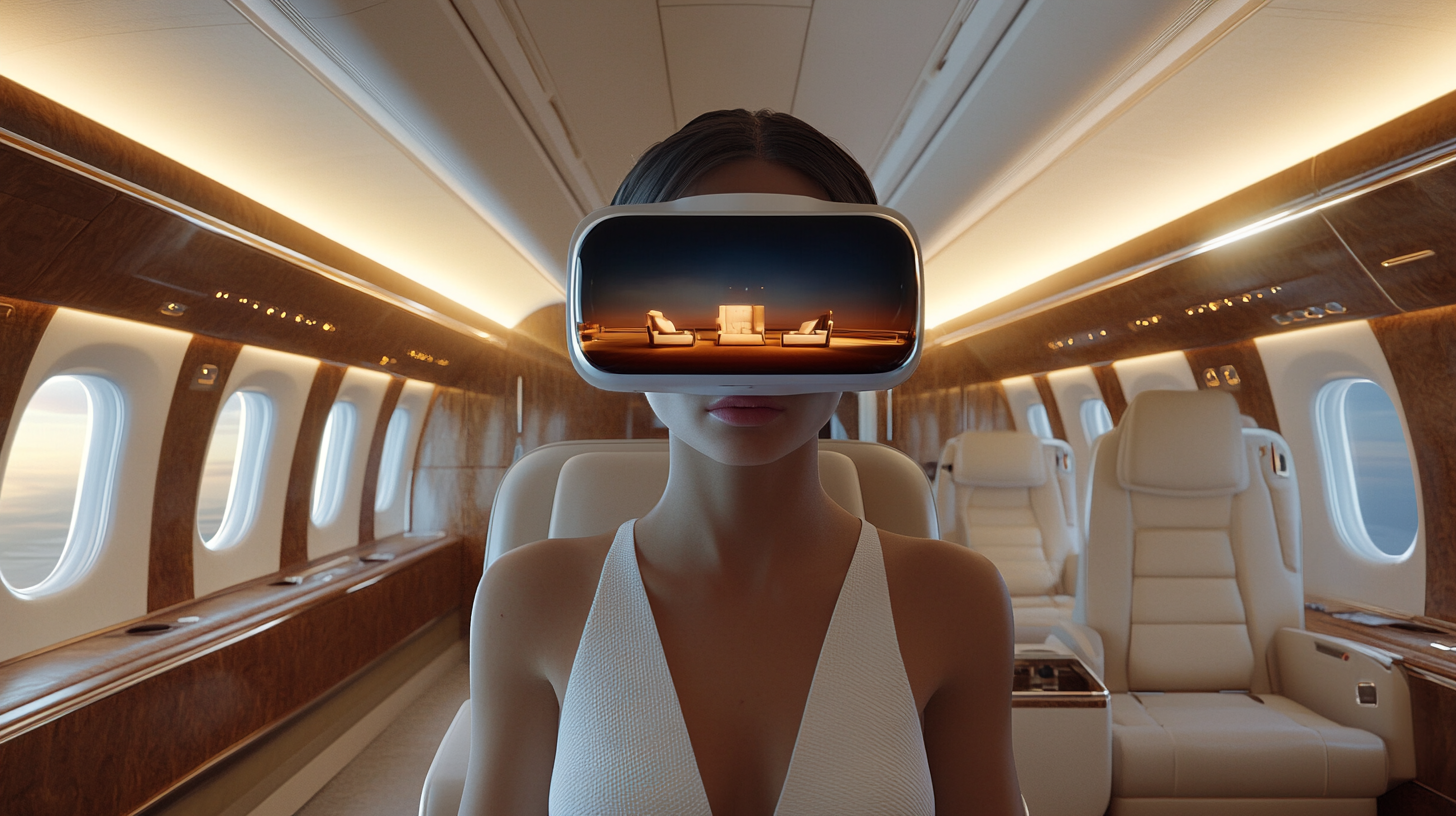 A person in VR goggles seeing VIP aircraft interior.