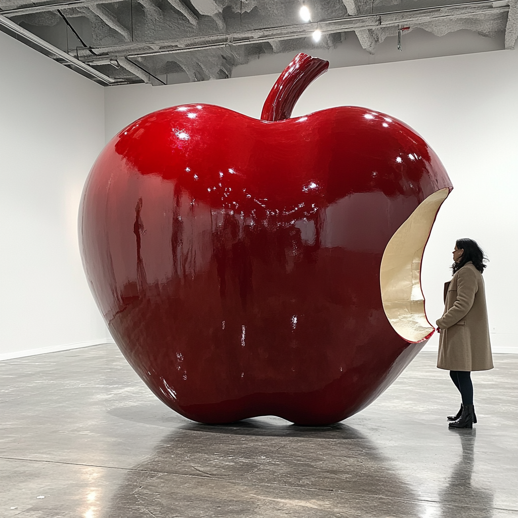 A person in a coat walking through apple cutout.