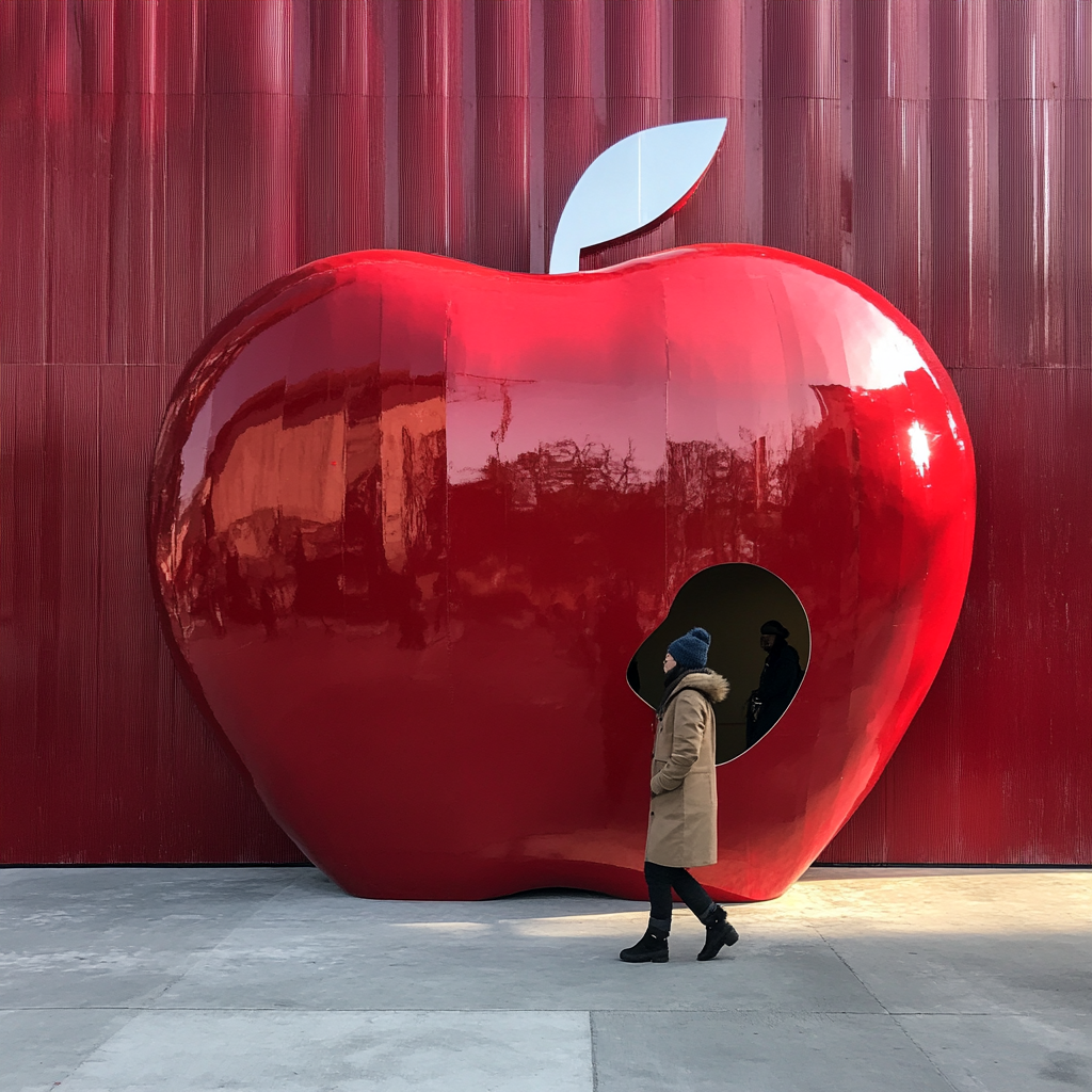 A person in a coat walks through apple.