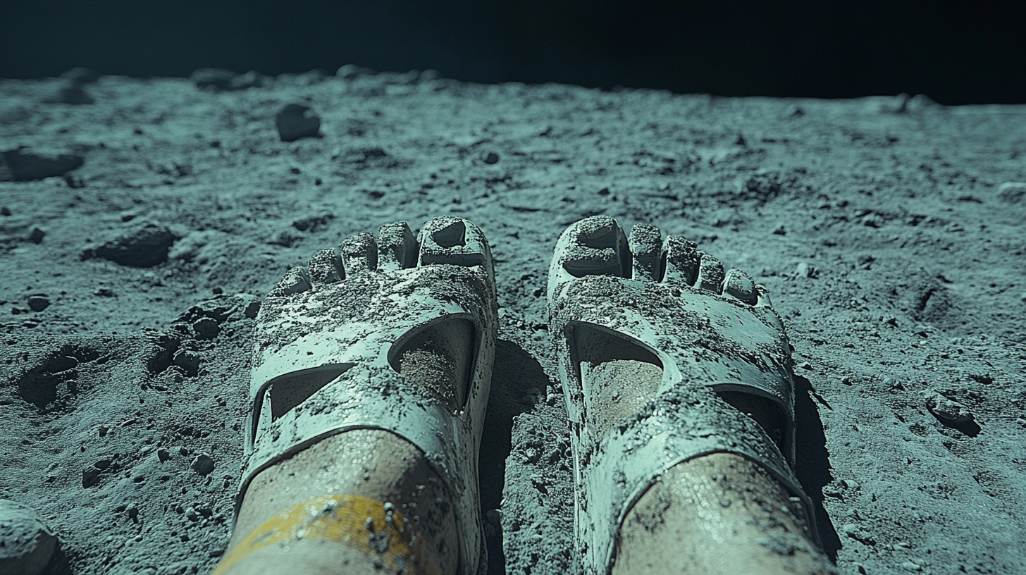 A person in flip-flops stands on the moon