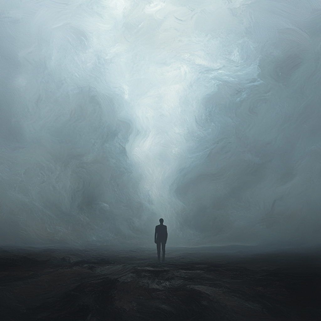 A person in foggy, desolate landscape stares blankly.