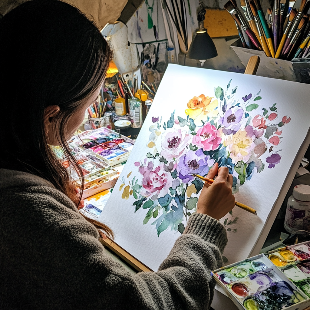 A person painting a floral watercolor on desk.