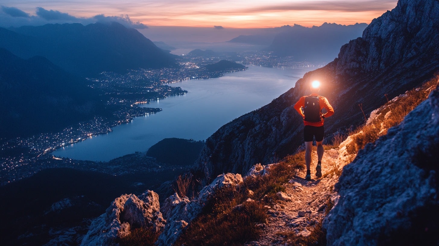 A person running on mountain at night with headlamp