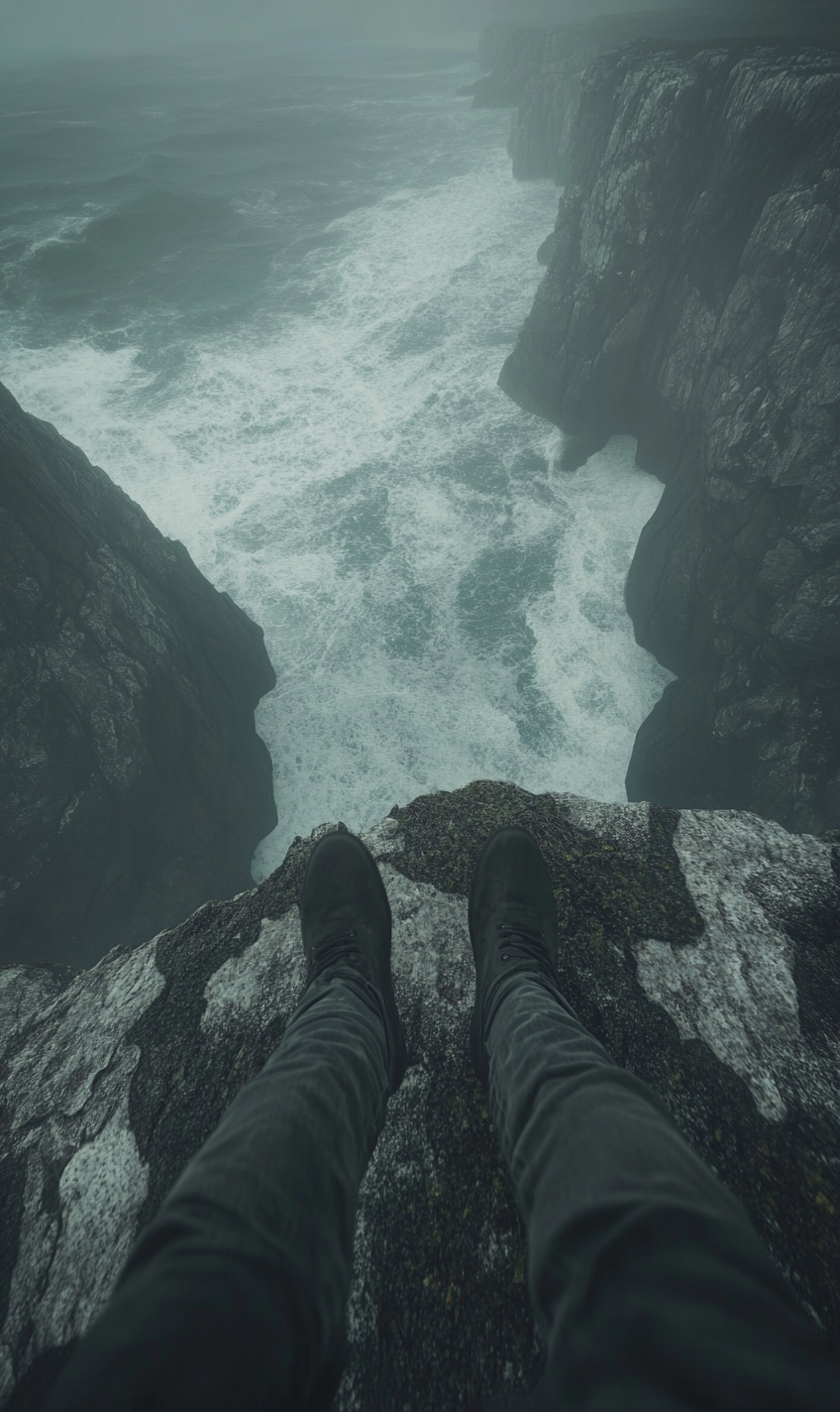 A person scared on stormy British island cliff.