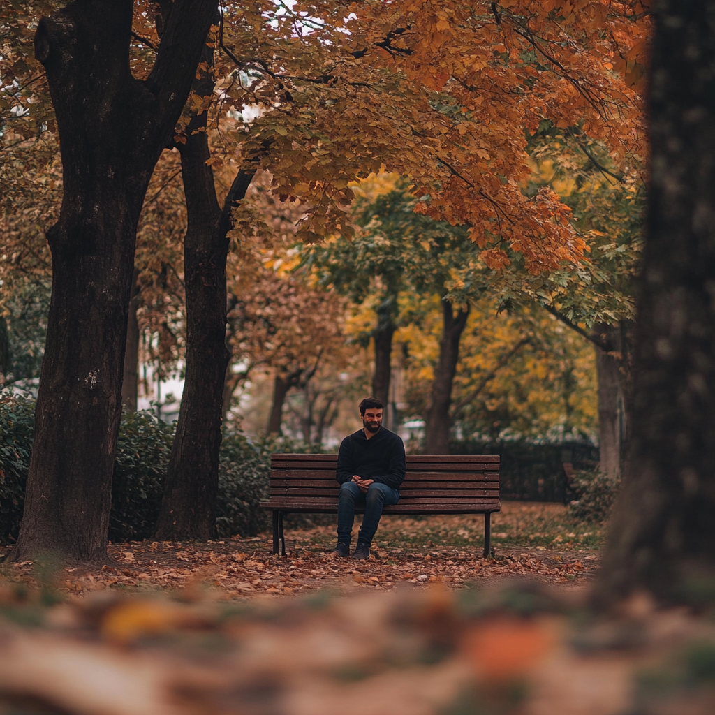 A person sits on a bench in a park surrounded by autumn trees.