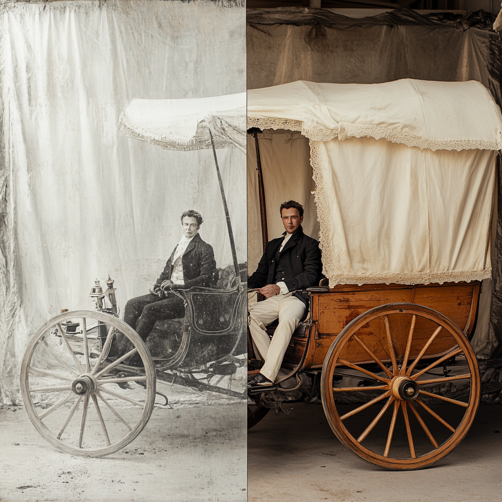 A person sitting in front of wooden carriage