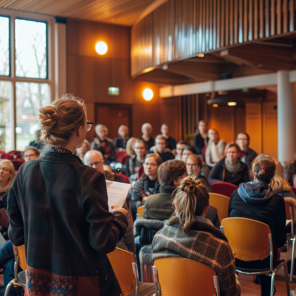 A person speaking to a group in Netherlands