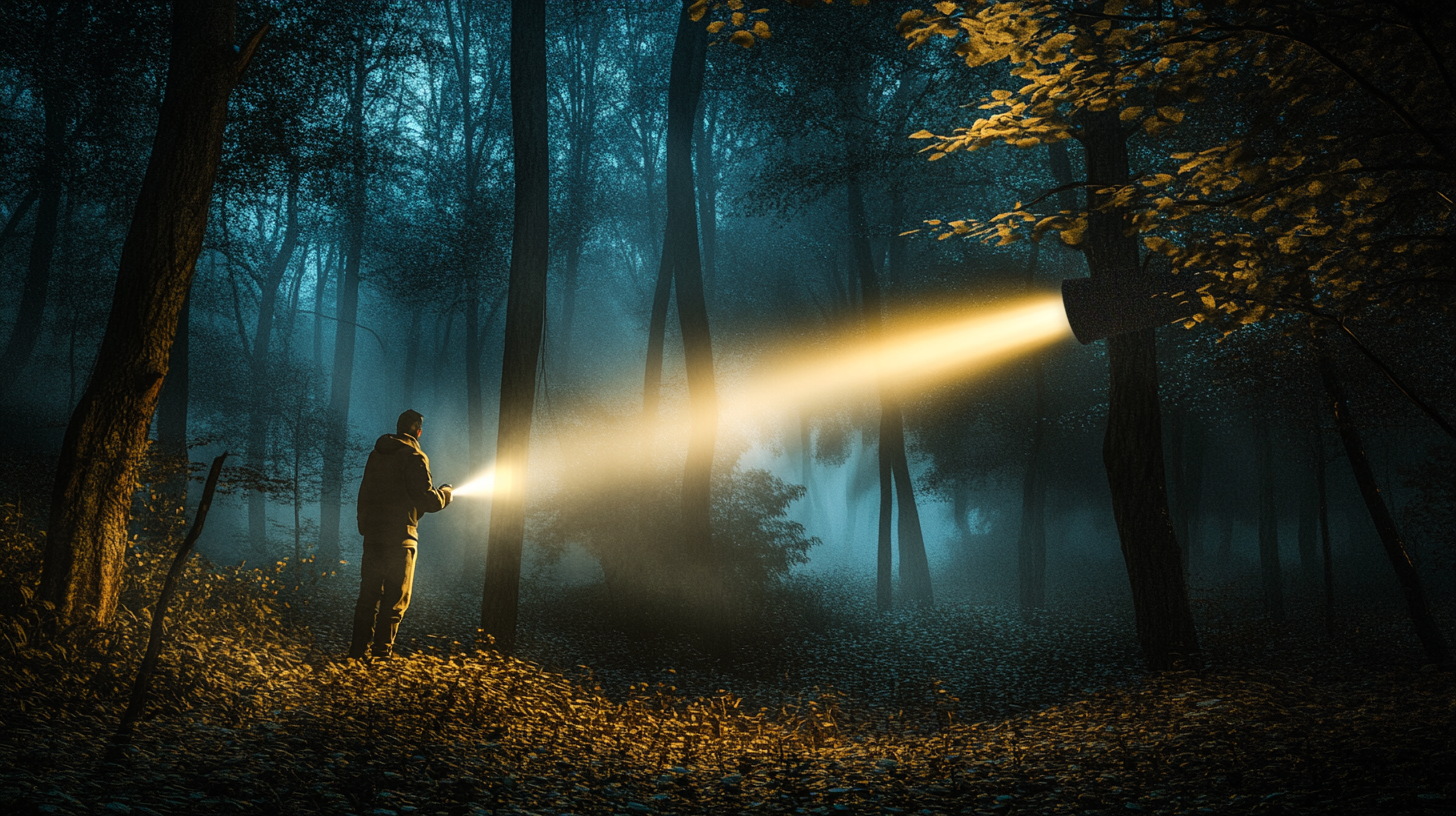 A person using a flashlight in a forest