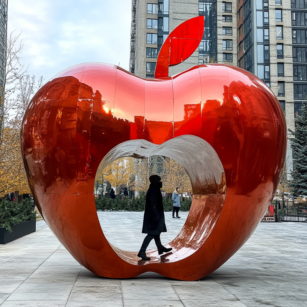 A person walking through a large shiny apple.