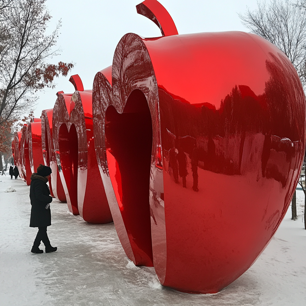 A person walks through shiny red apple walls.