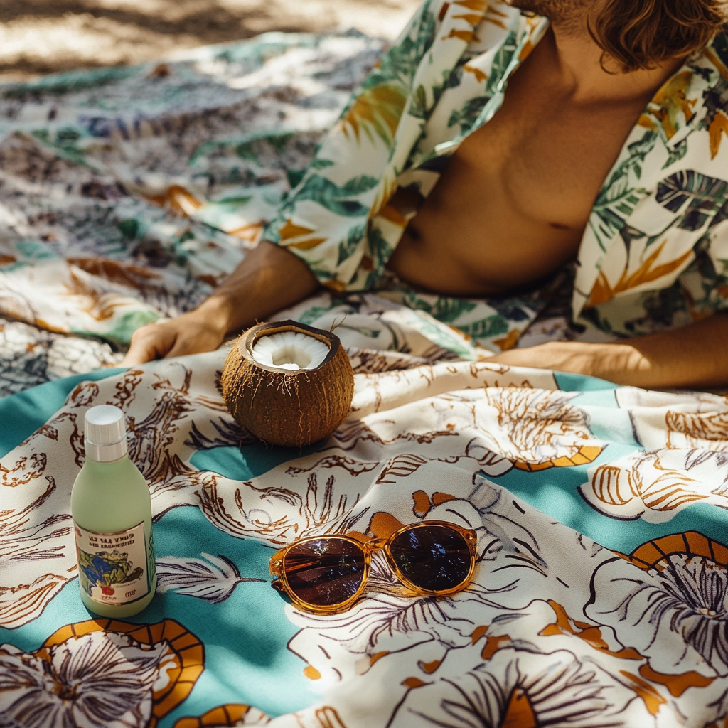 A person wearing Hawaiian shirt on beach picnic.