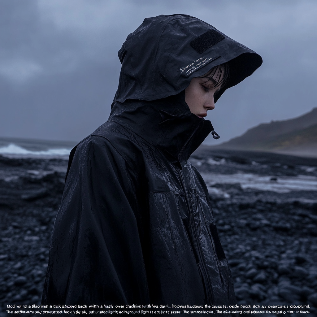 A person wearing a big black coat on beach