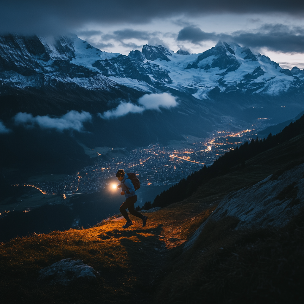 A person with a headlamp runs on mountain