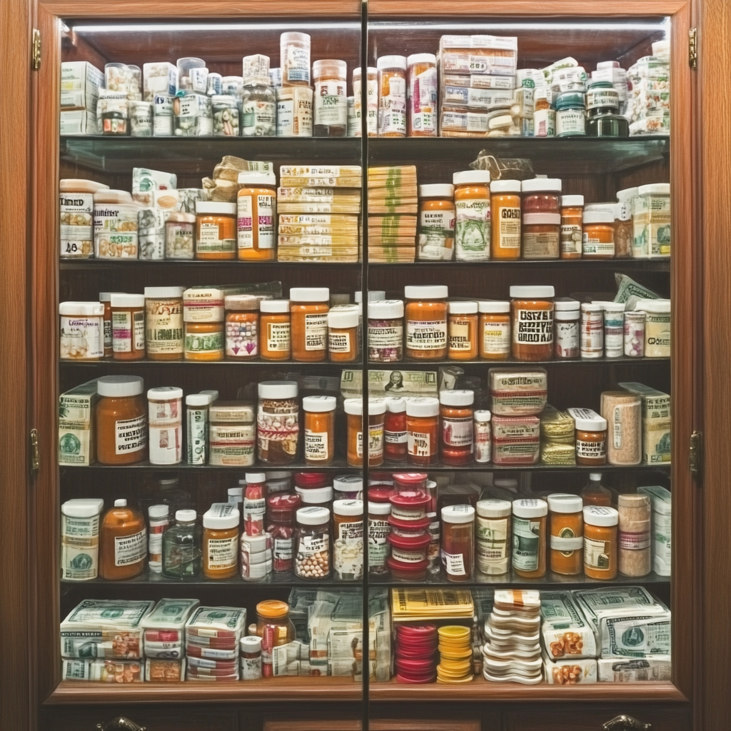 A pharmacy cabinet filled with money and medicine