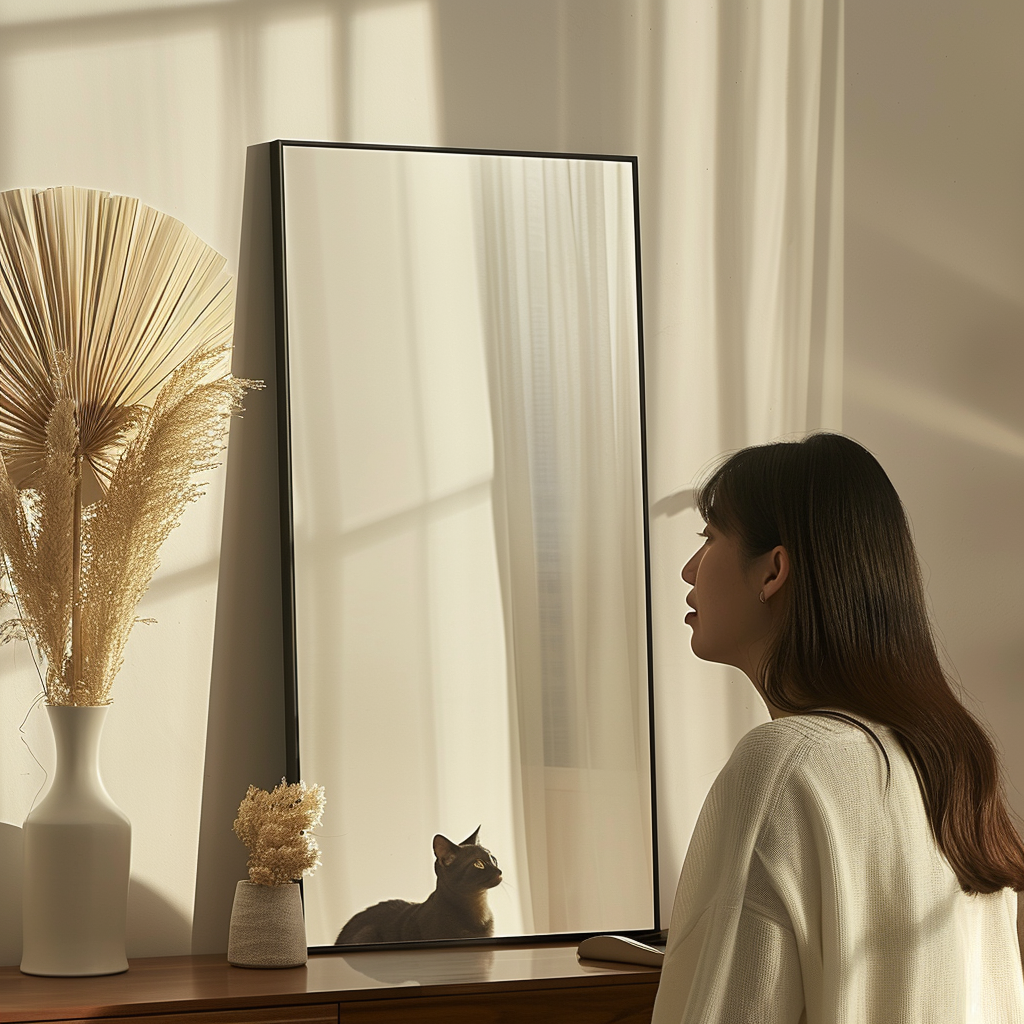 A photo frame on dresser with woman and cat.