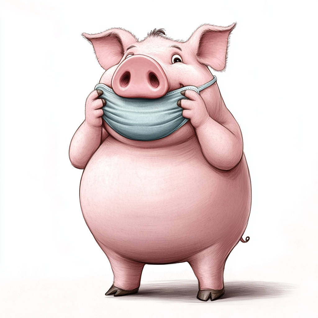 A pig wearing a hippo face mask, cartoon.