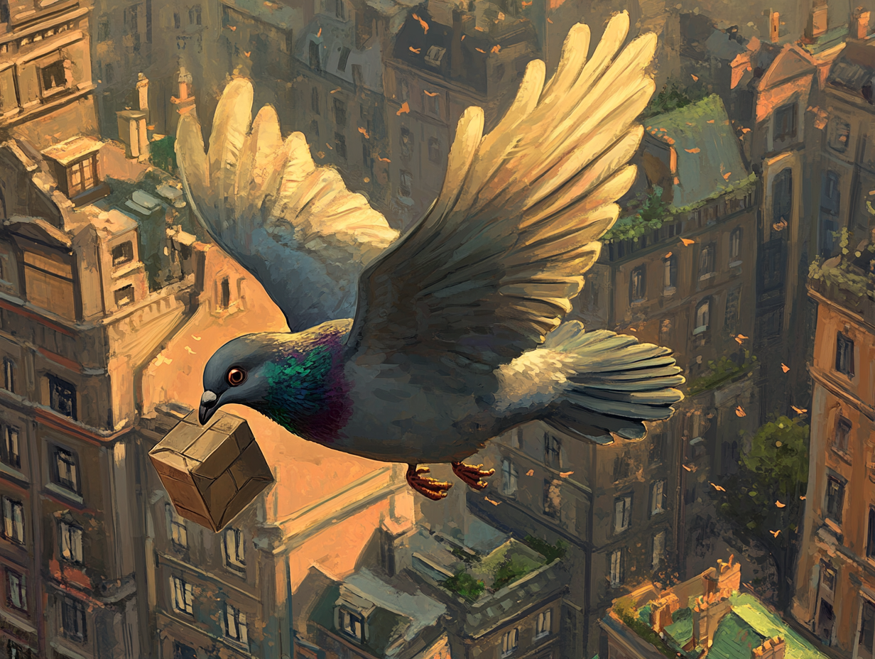 A pigeon delivers mail in the city.