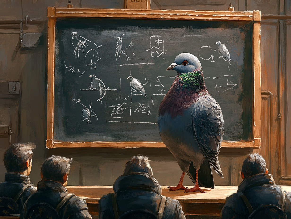 A pigeon teaches anatomy to classmates on blackboard.