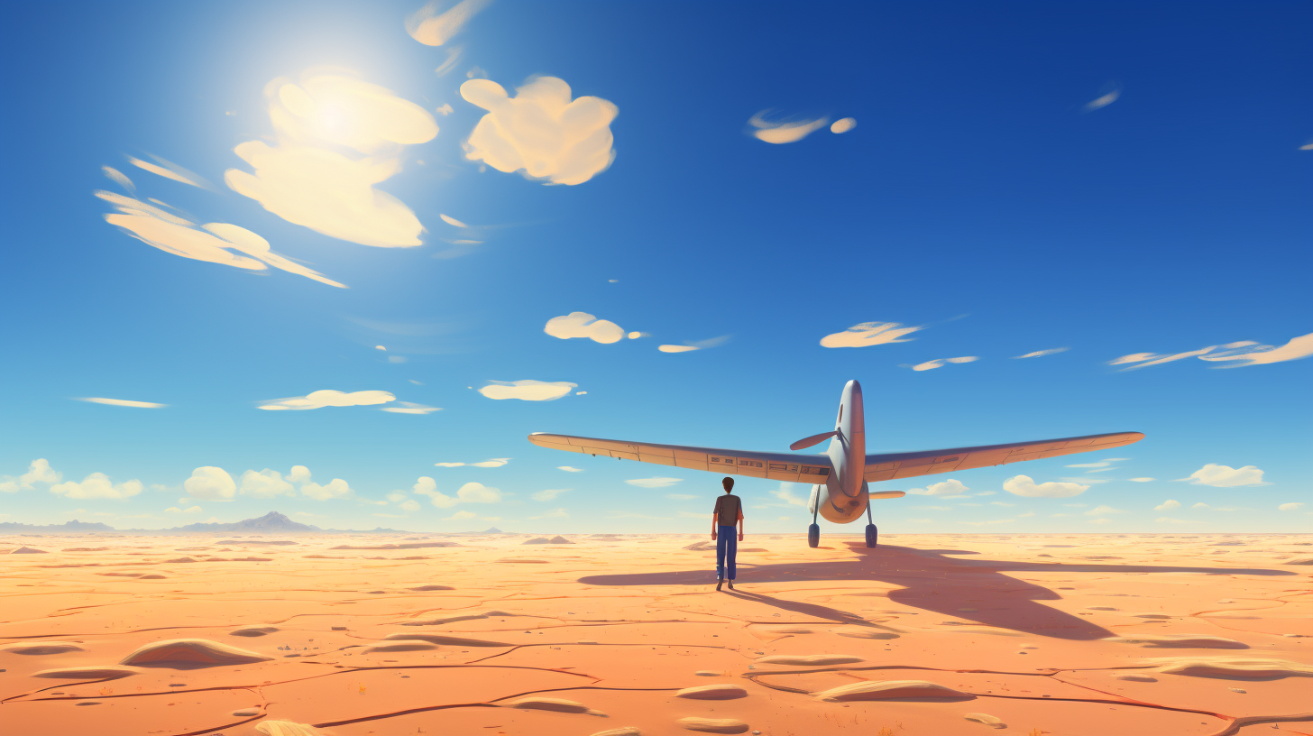 A pilot in desert with broken airplane.