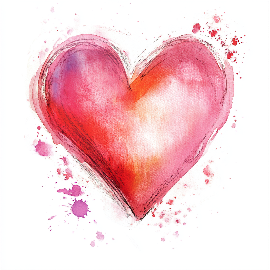 A pink heart painted with watercolors on white background.