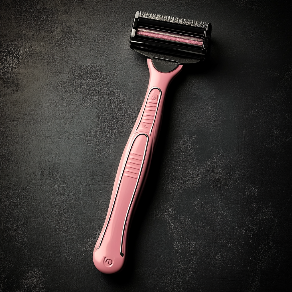 A pink razor on grey background with soft lighting.