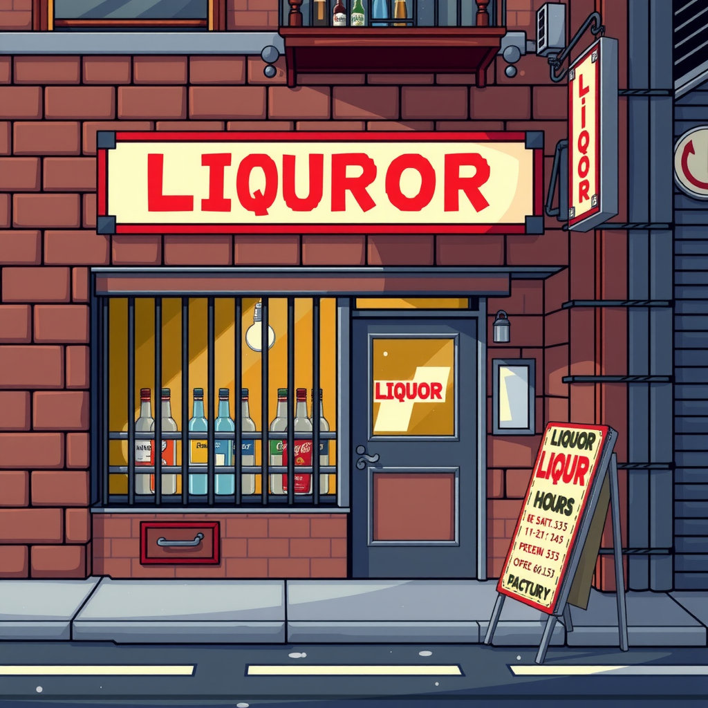 A pixel art liquor store with barred windows.