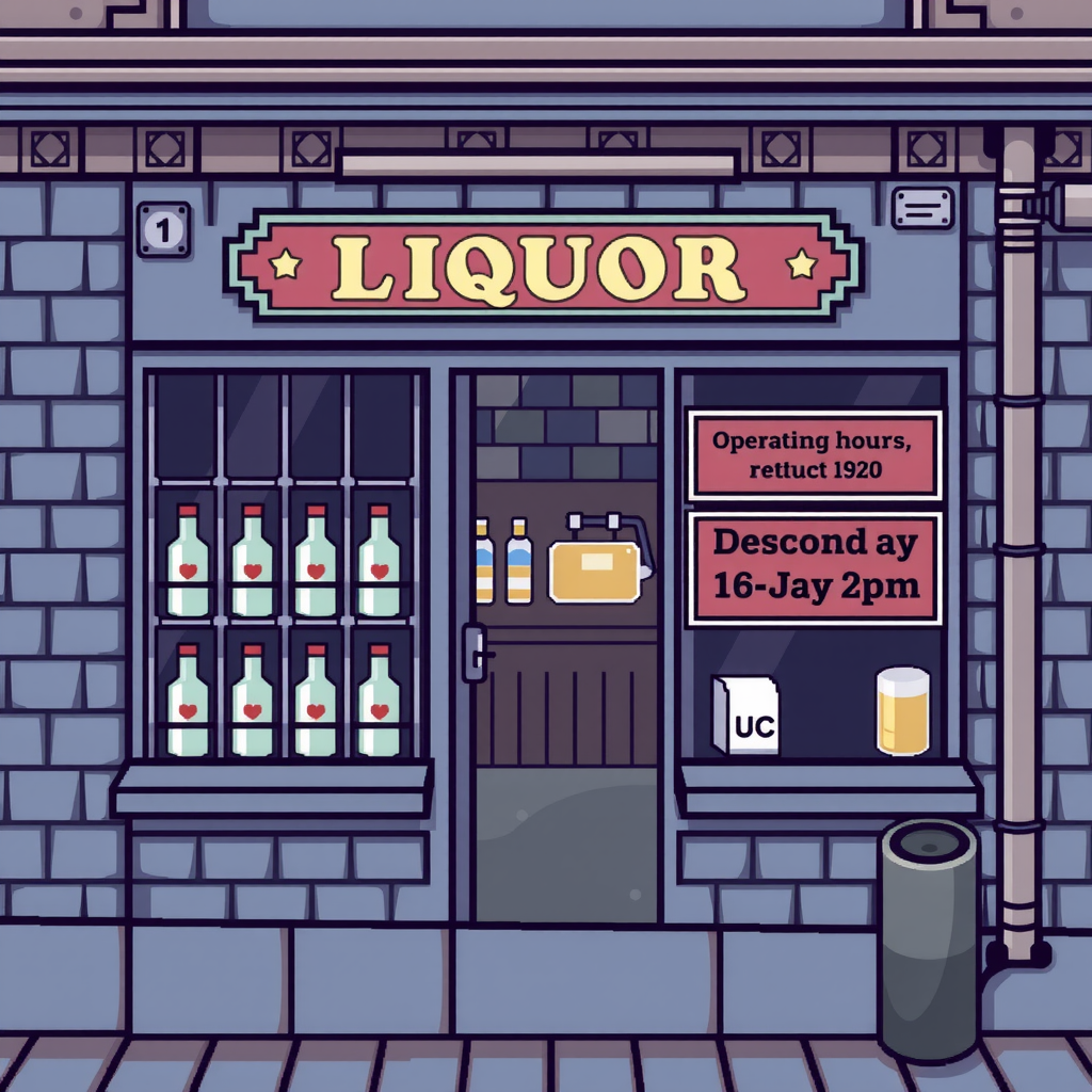 A pixel art liquor store with bars.