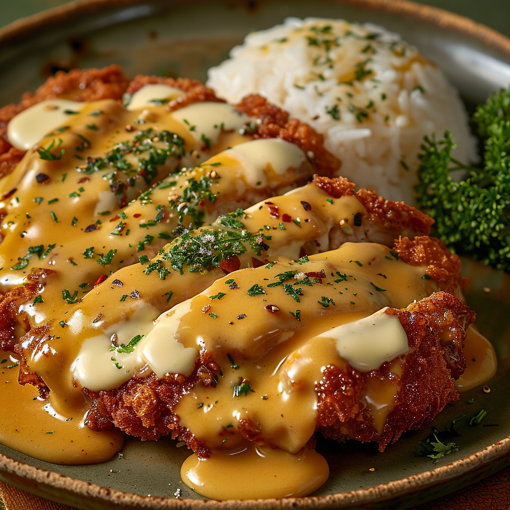 A plate of Japanese pork katsu with curry, cheese, and rice