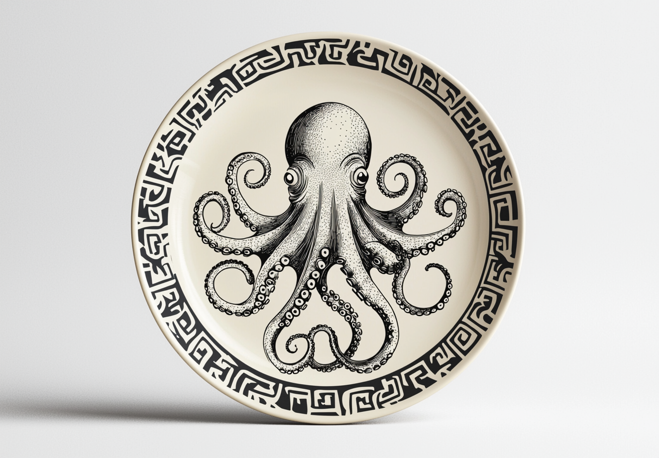 A plate with octopus and onions in mosaic style