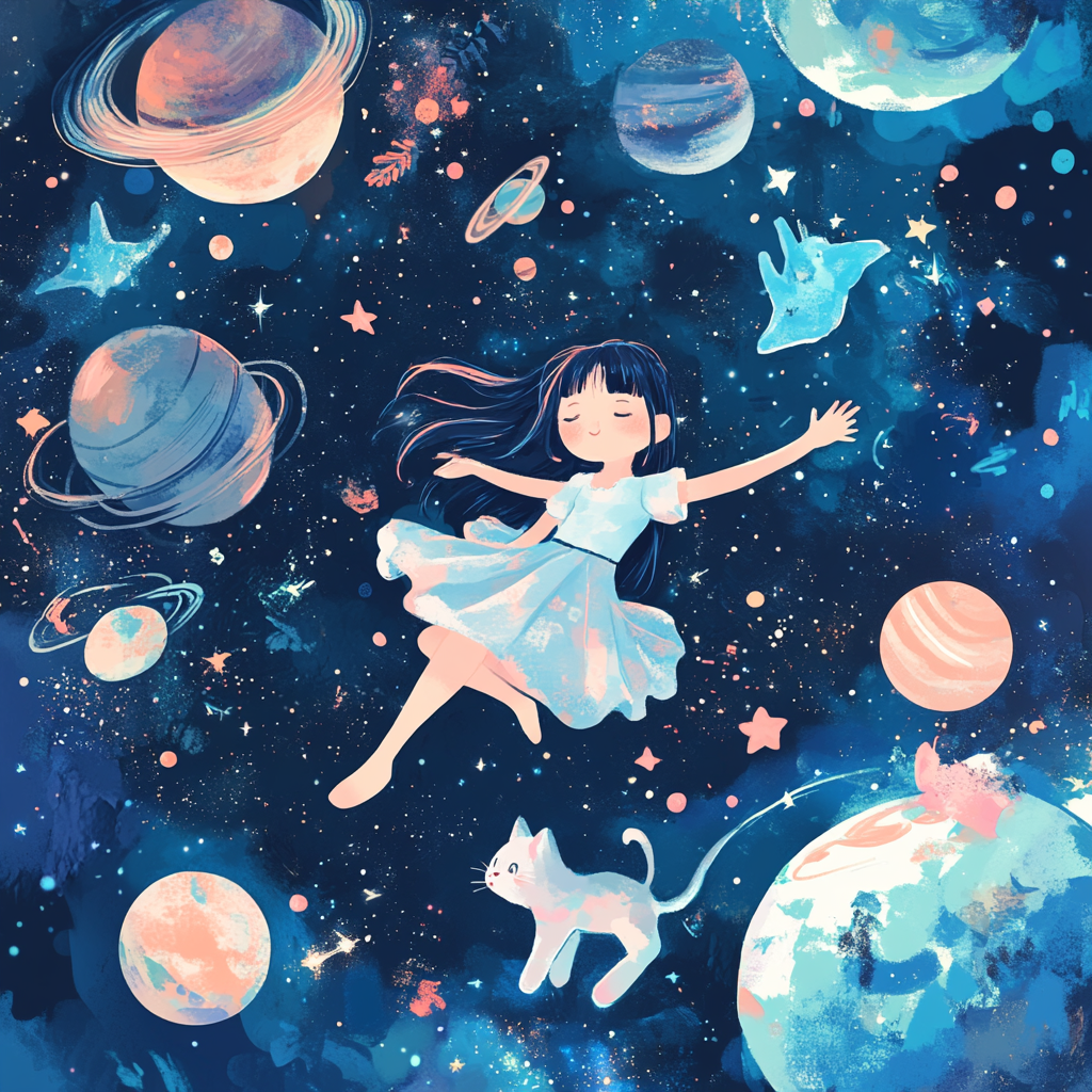 A playful cartoon anime girl and cat in space.