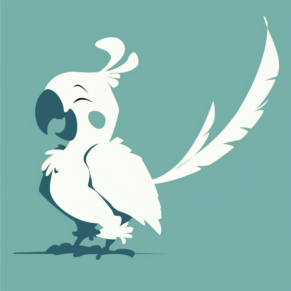 A playful cartoon parrot logo in white silhouette