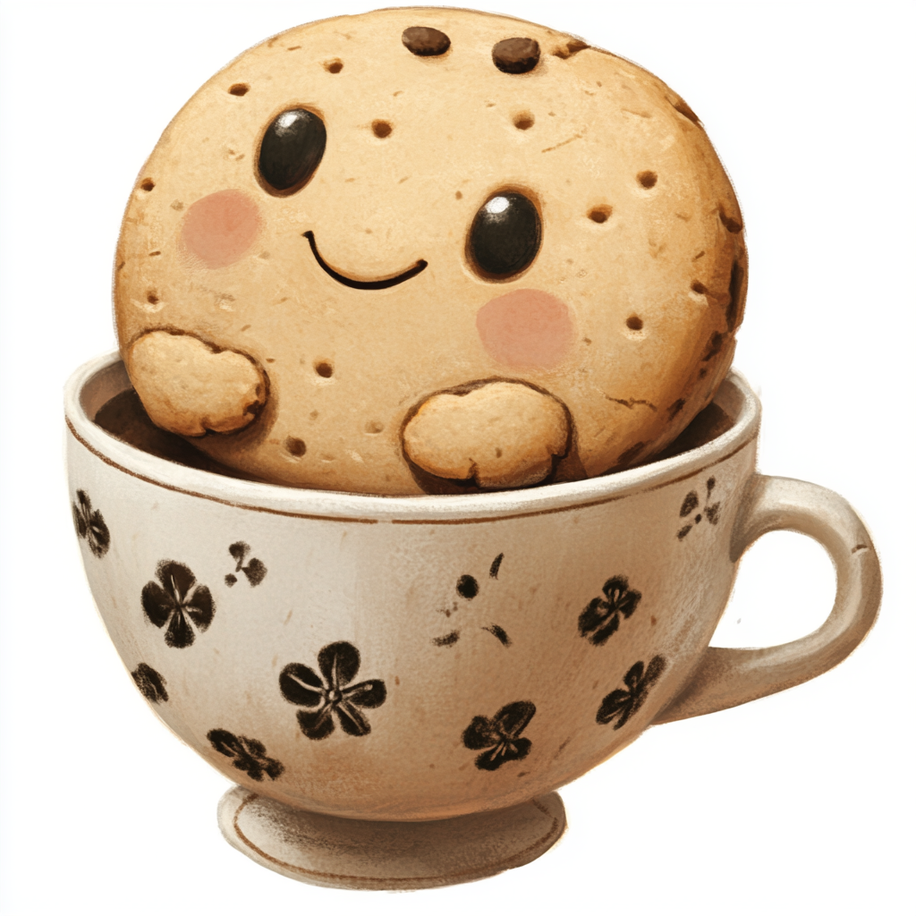 A playful cookie character holding coffee with charm.