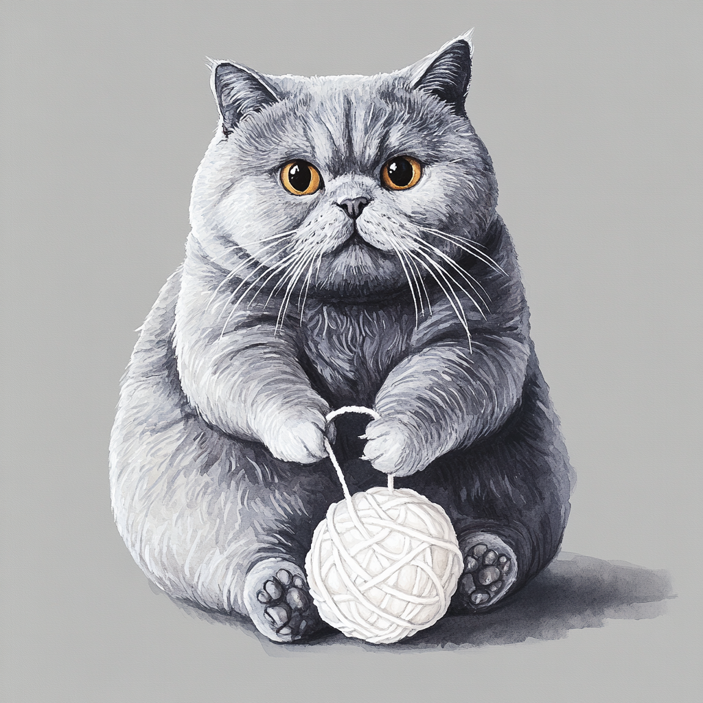 A playful fat gray British cat with a ball.