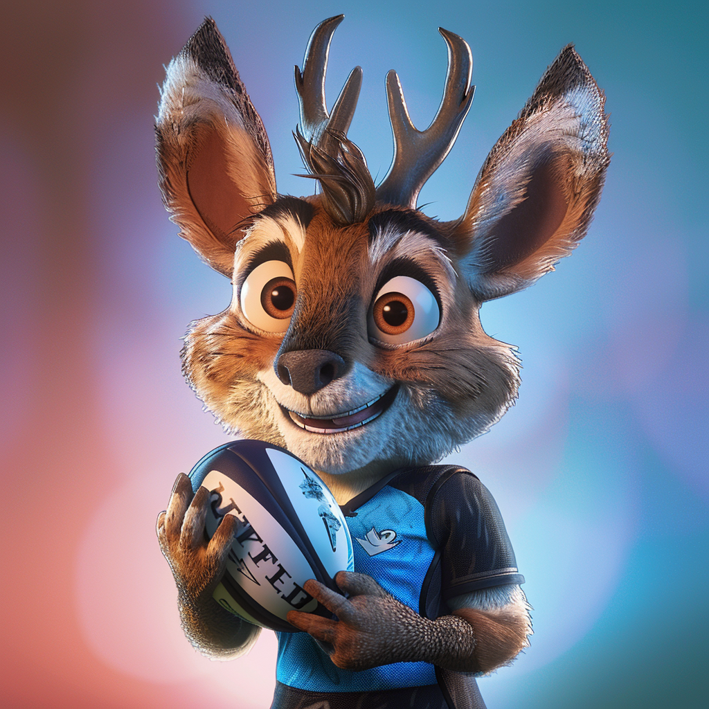 A playful stag mascot in rugby attire