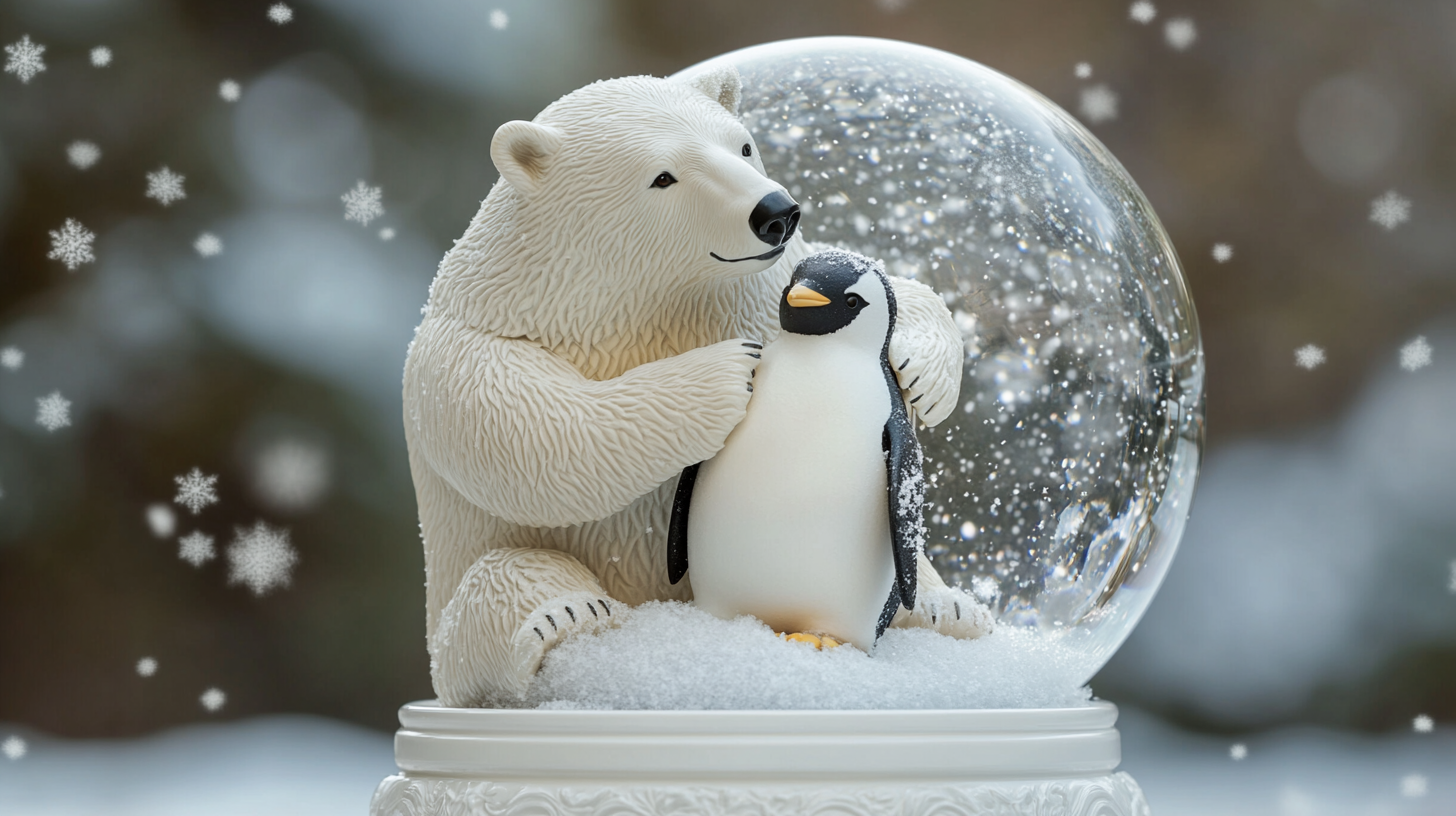 A polar bear hugs a penguin in snow globe.