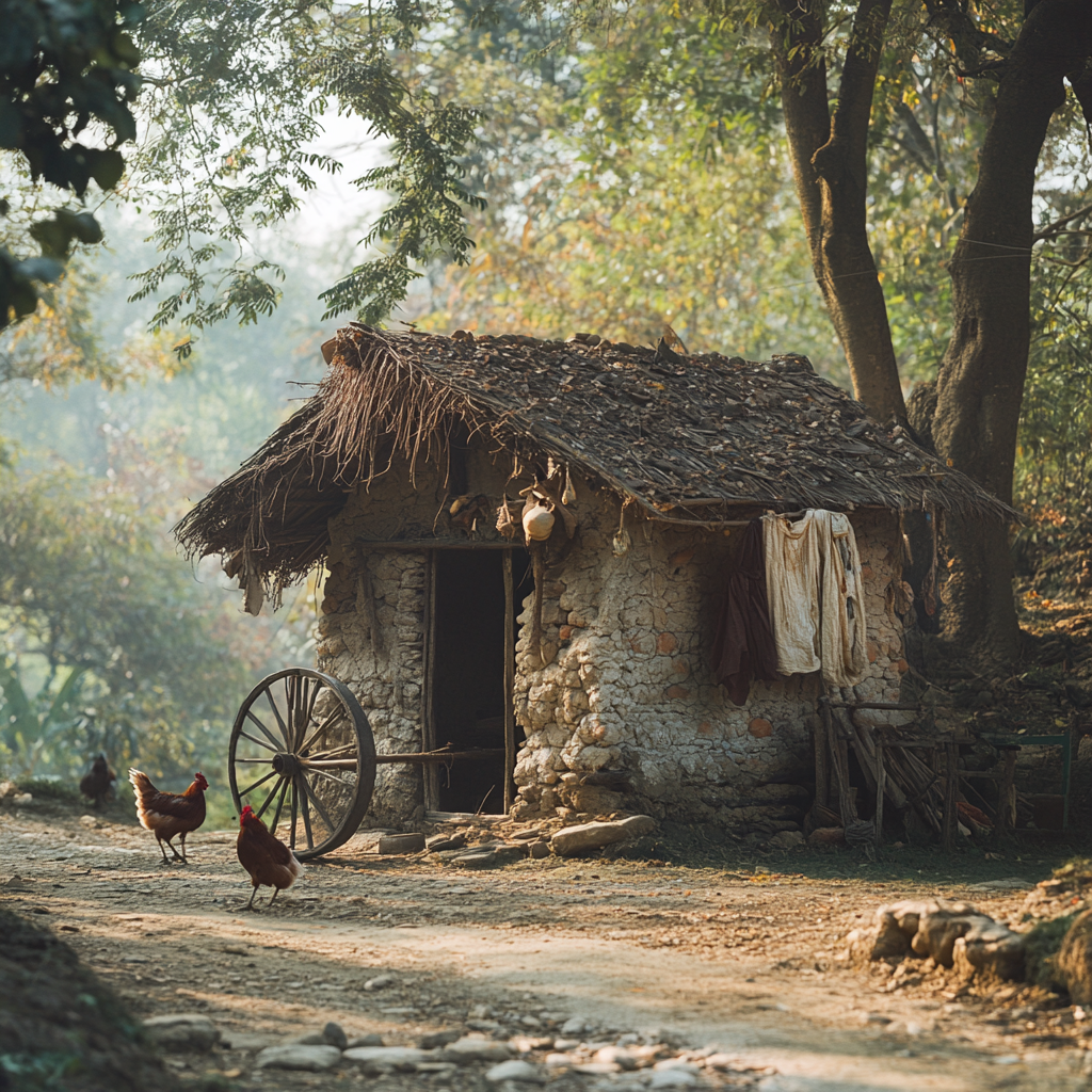 A poor man's hut in 1940s Indian village